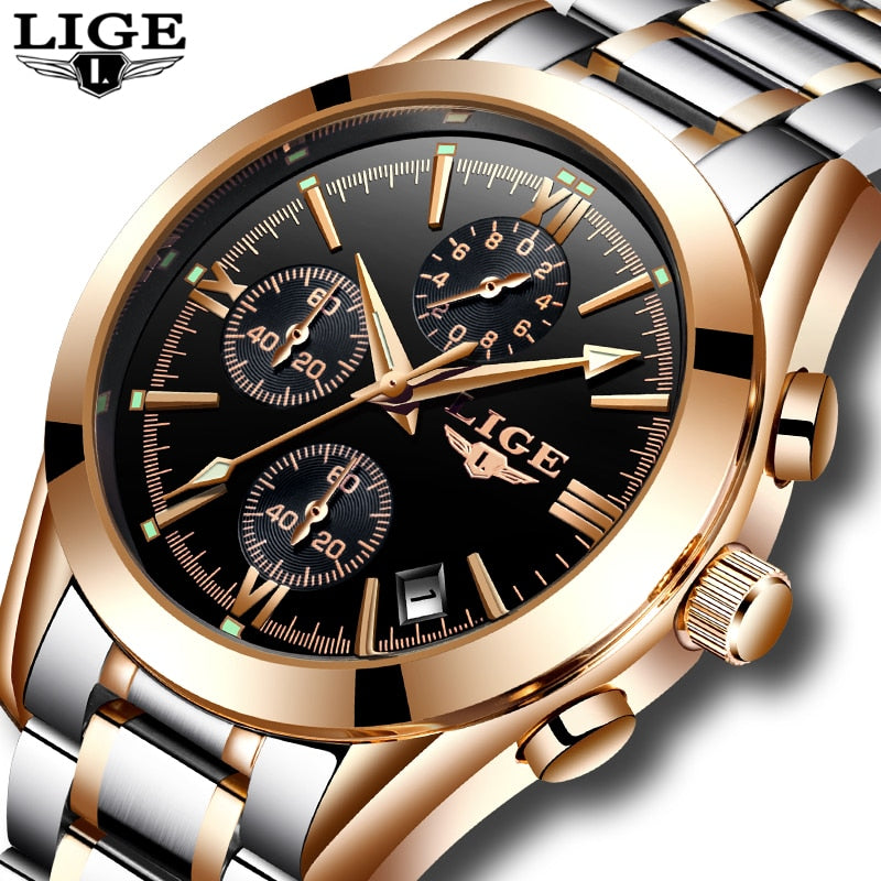 Relogio Masculino LIGE Men Top Luxury Brand Military Sport Watch Men's Quartz Clock Male Full Steel Casual Business gold watch